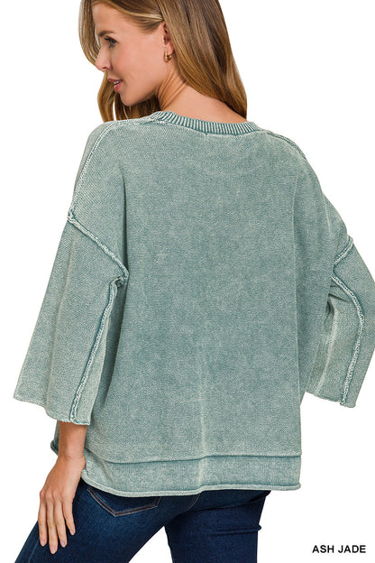 Washed 3/4 Sleeve Boxy Sweater - Color Options