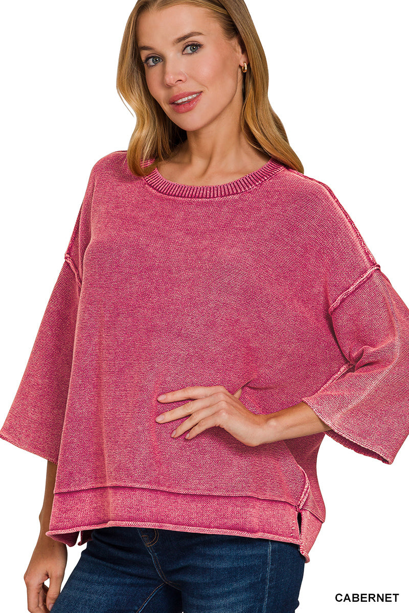 Washed 3/4 Sleeve Boxy Sweater - Color Options