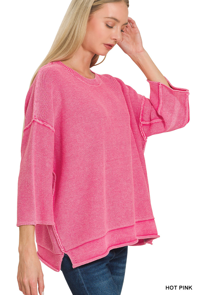 Washed 3/4 Sleeve Boxy Sweater - Color Options