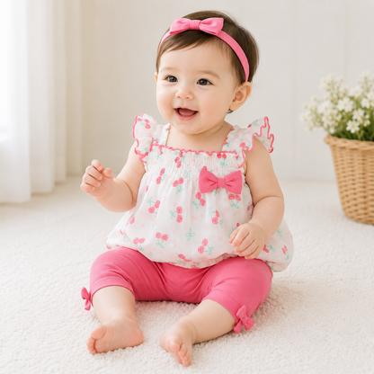 Cherry and Bows Chiffon Baby Girl Outfit - Chiffon Top and Shorts