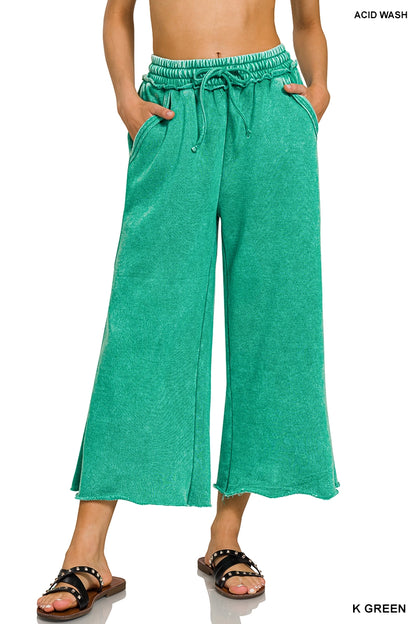 Acid Washed Fleece Lined Palazzo Cropped Sweatpants With Pockets