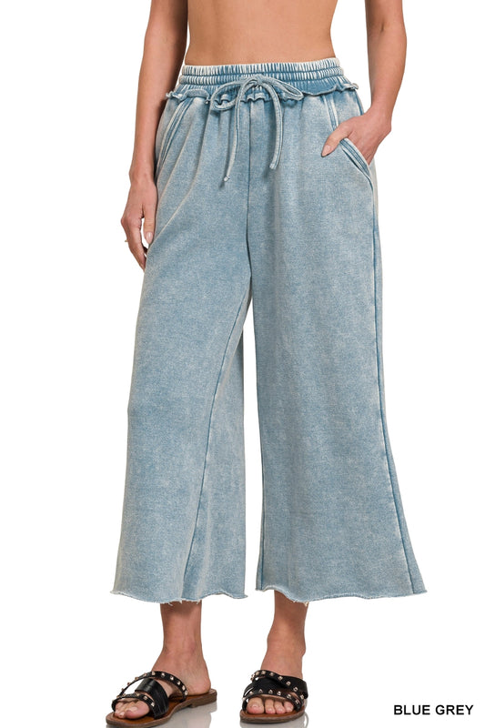 Acid Washed Fleece Palazzo Sweatpants With Pockets