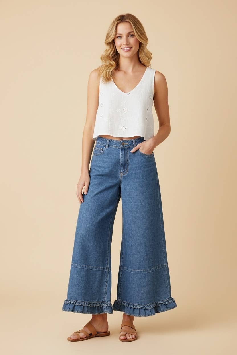 Ruffle Hem Wide Leg Cropped Denim Pants Small - 3XL