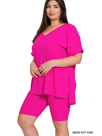 Hi Low Hem Top & Biker Shorts Set - V Neck
