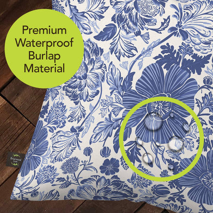 Blue and White Floral Burlap Indoor/Outdoor Pillow