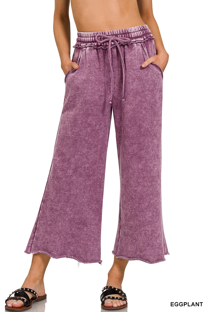 Acid Washed Fleece Lined Palazzo Cropped Sweatpants With Pockets