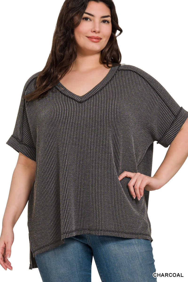 Corded Ribbed Short Sleeve Hi-Low V-Neck Top