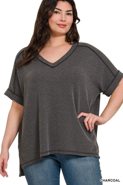 Corded Ribbed Short Sleeve Hi-Low V-Neck Top