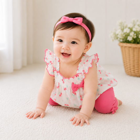 Cherry and Bows Chiffon Baby Girl Outfit - Chiffon Top and Shorts