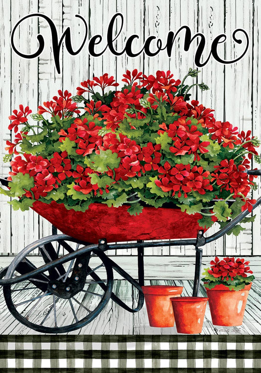 Geranium Wheelbarrow Welcome - House Flag 28” x 40"