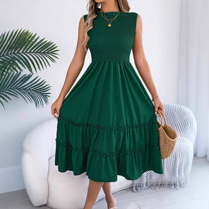 Green Smocked Sleeveless Ruffle Tiered Midi Dress