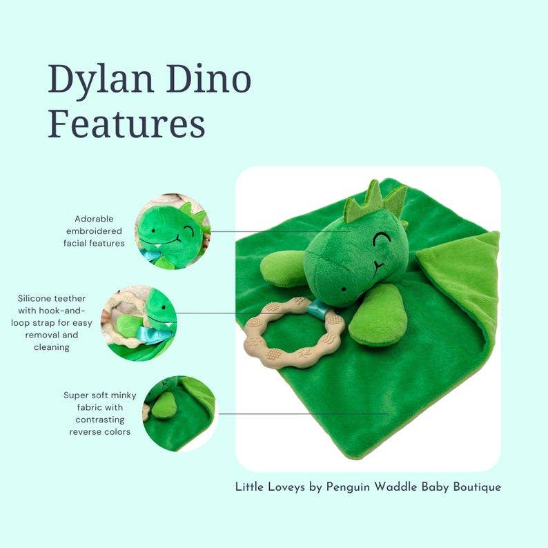 Dylan Dino Plush Teething Toy - Minky Baby Security Blanket