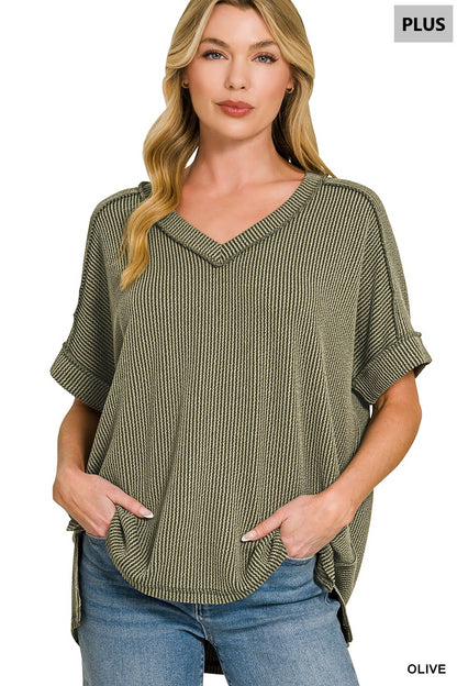 Corded Ribbed Short Sleeve Hi-Low V-Neck Top