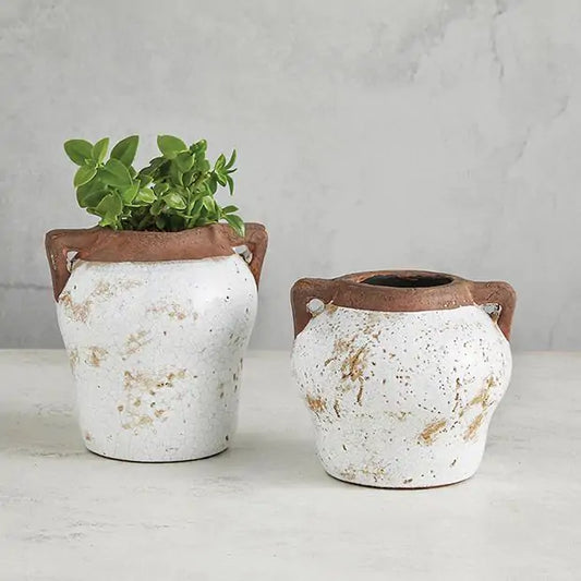 Terracotta and White Ceramic Pot with Two Handles - 2 Sizes