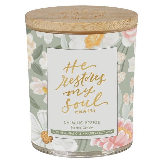 He Restores my Soul Psalm 23:3 Glass Candle with Bamboo Lid