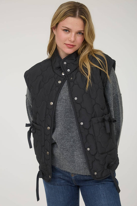 Tie Detail Snap Button Quilted Puffer Vest