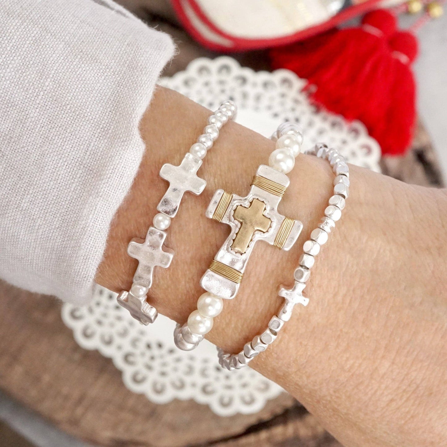 Cross bracelet set - Worn Silver tone