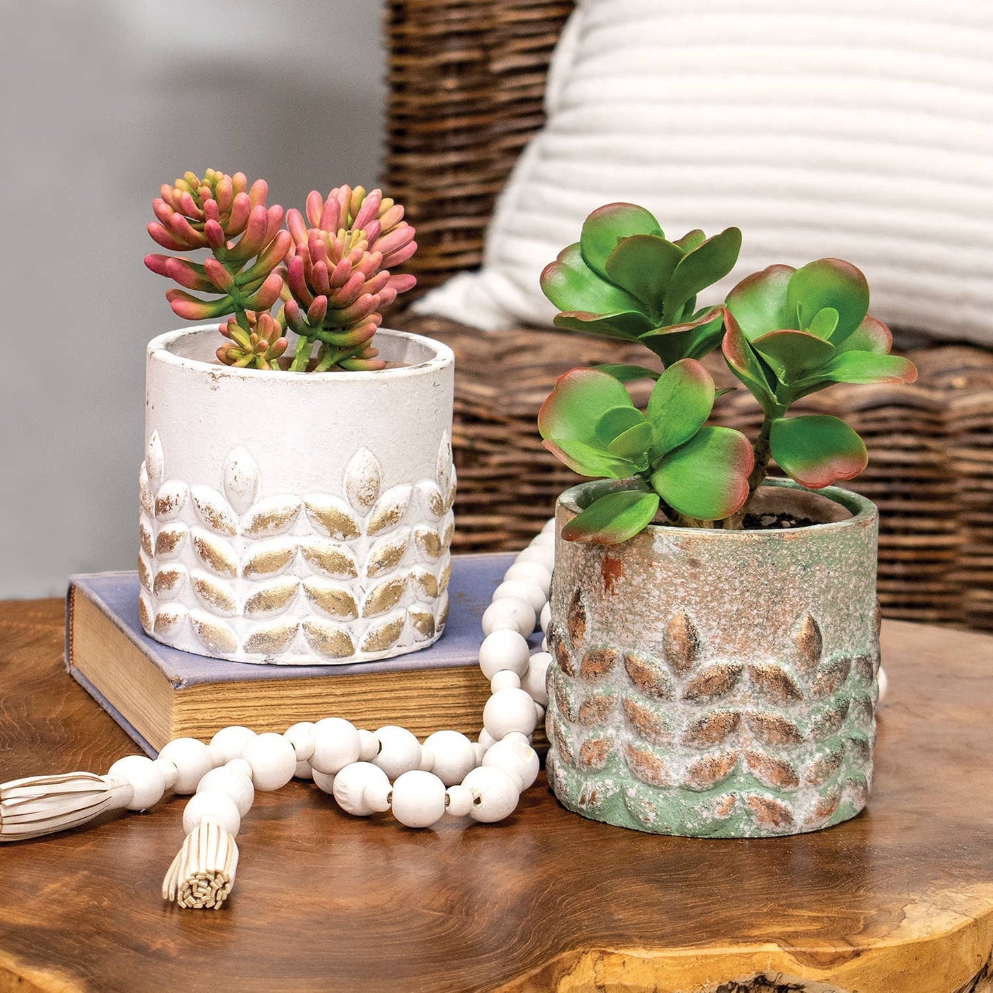 Distressed Patina Finish Wheat Embossed Cement Planter