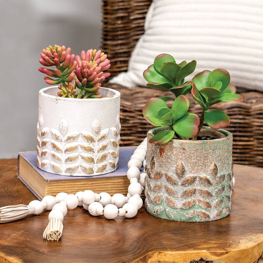 Distressed Patina Finish Wheat Embossed Cement Planter