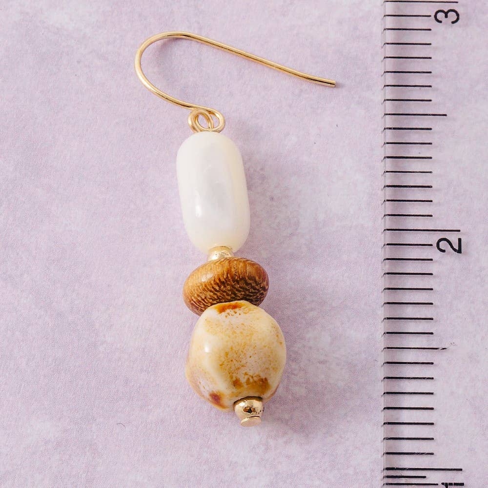 Ceramic Wood And Sea Shell Beads Dangle Earrings