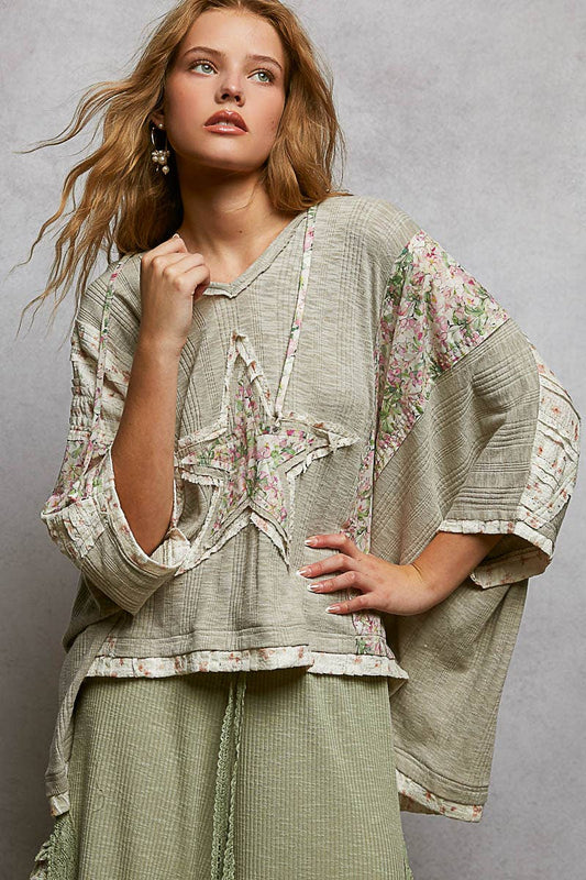 Pol Long Sleeve Lace Contrast Floral Star Patch Knit Top