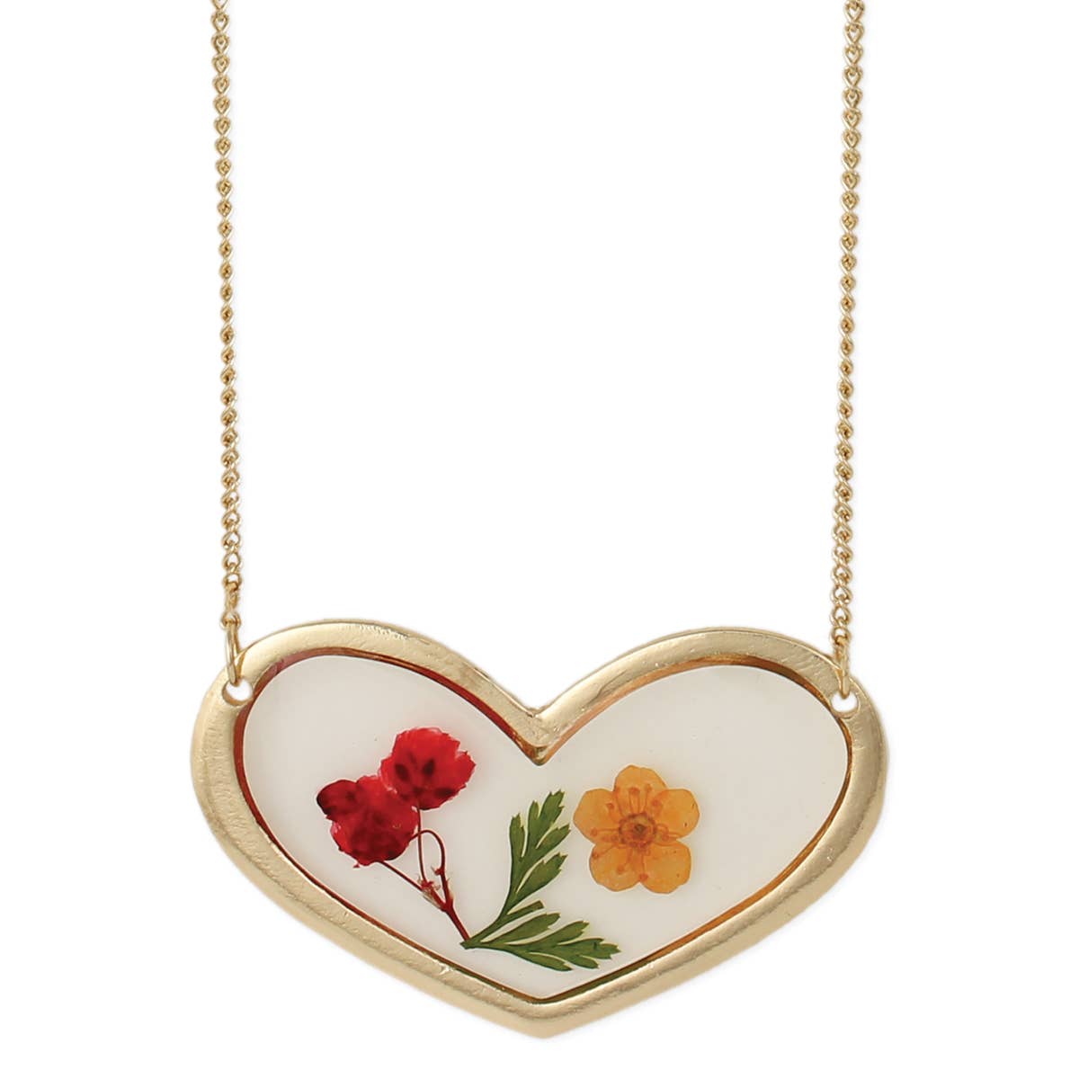 Dried Pressed Flowers in Heart Pendant Necklace
