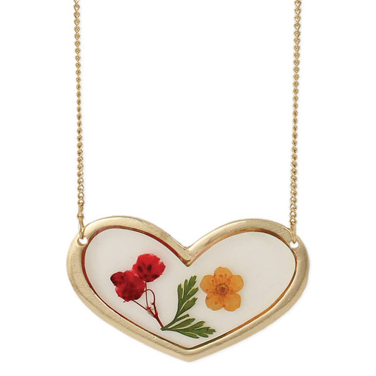 Dried Pressed Flowers in Heart Pendant Necklace