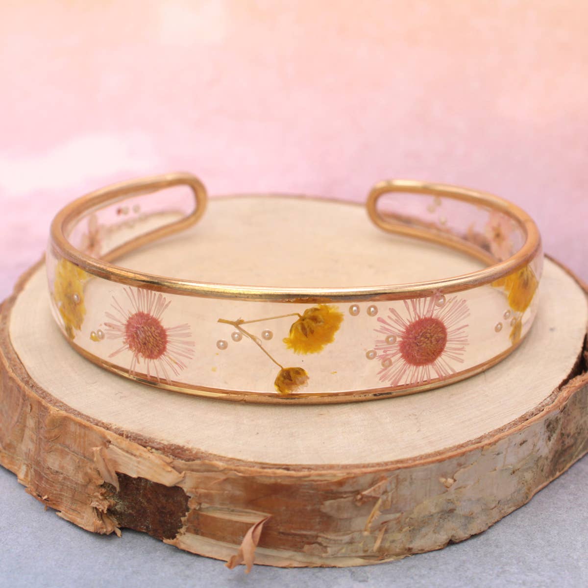Yellow & Pink Dried Flower Gold Cuff Bracelet