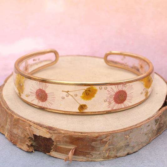 Yellow & Pink Dried Flower Gold Cuff Bracelet