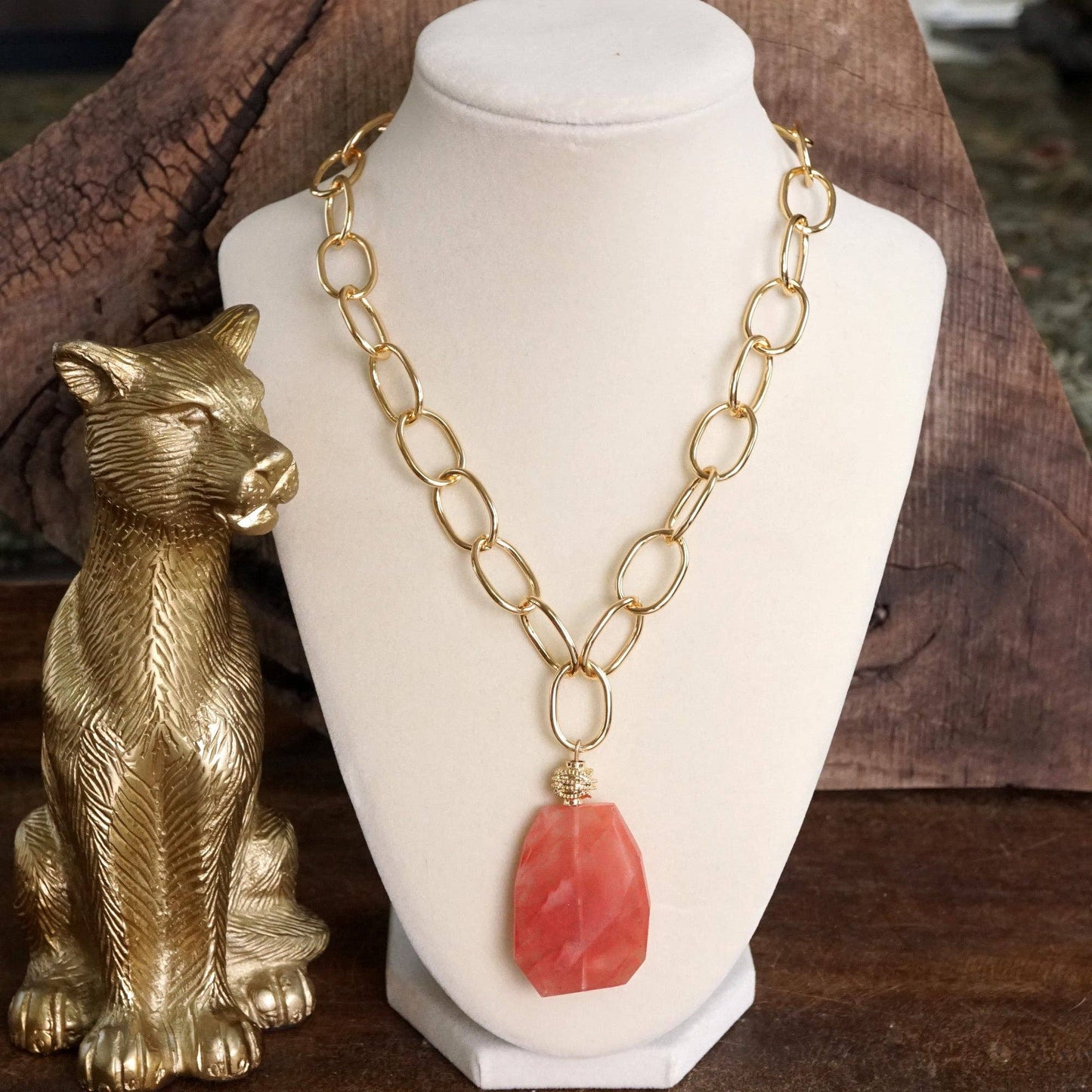 Natural Stone Chain necklace - Gold Tone