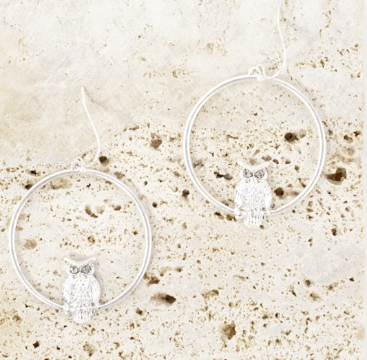 Hootie Owl Circle Dangle Earrings - Gold or Silver Tone