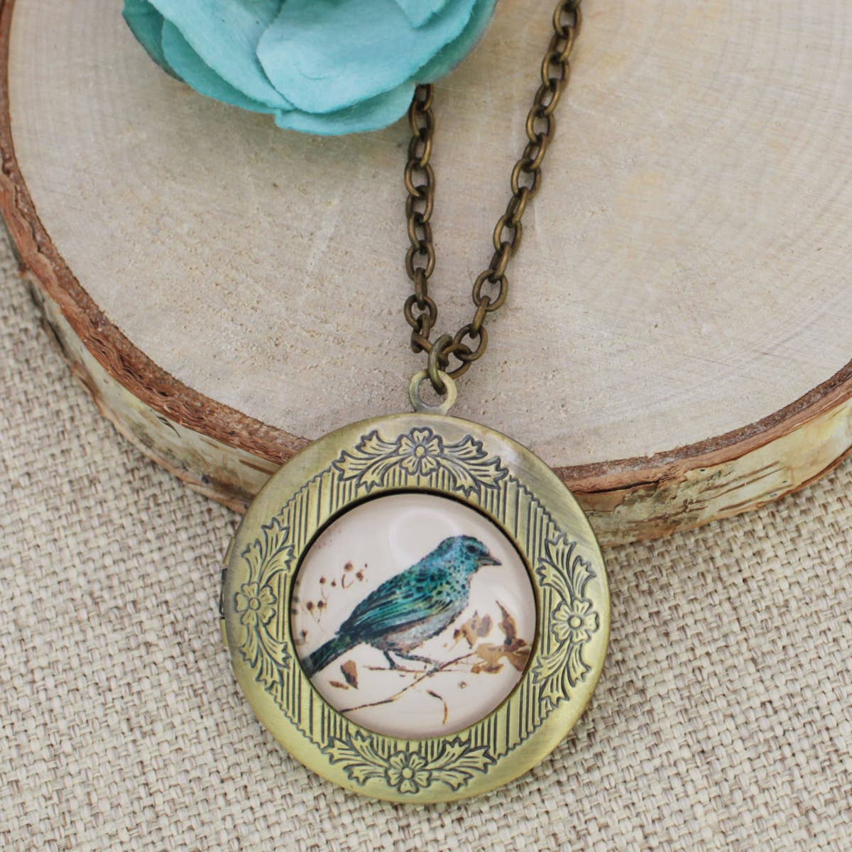 Vintage Style Bird Print Gold Locket Necklace