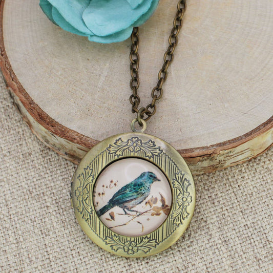 Vintage Style Bird Print Gold Locket Necklace