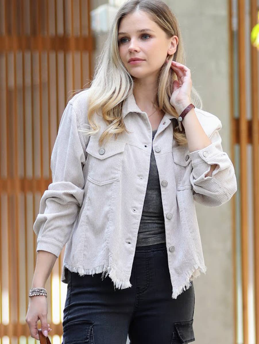 Distressed Corduroy Frayed Hem Cropped Jacket