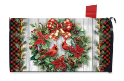 Cardinal Christmas Wreath Mailbox Cover - Standard