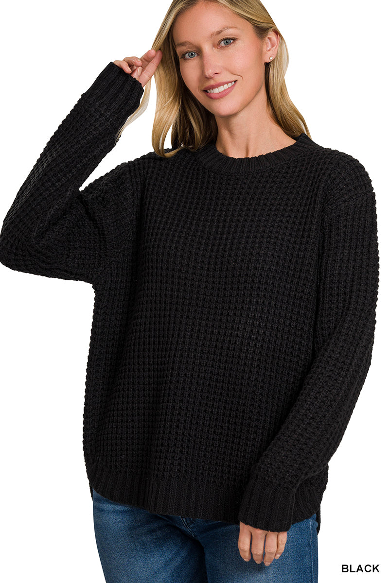 Waffle Long Sleeve Sweater with Hi-low Hem