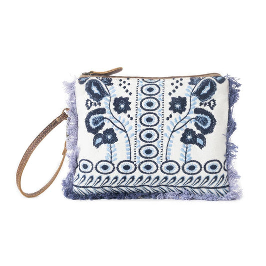 Mynora Sky Embroided Wristlet Pouch in Artisanal Blue - Myra Bag