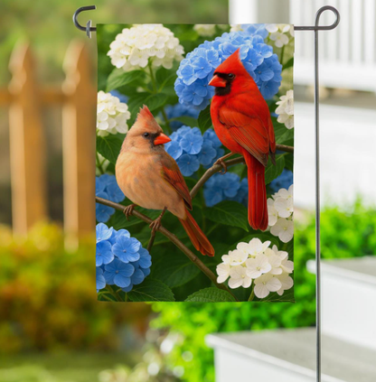 Cardinal Couple Among Hydrangeas Suede Garden Flag