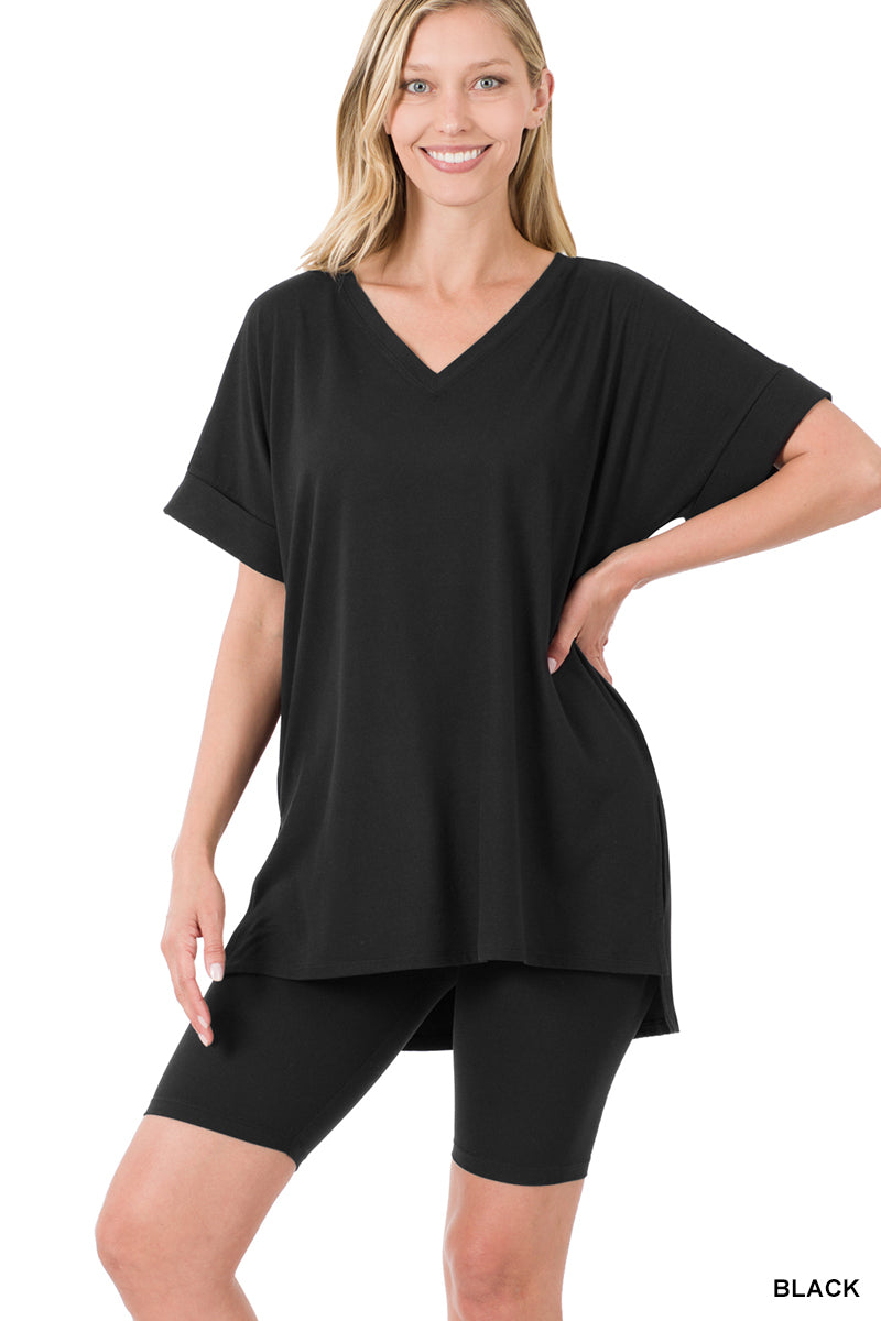 Hi Low Hem Top & Biker Shorts Set - V Neck
