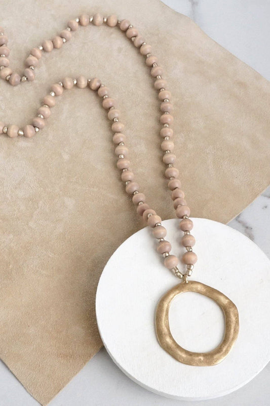 Long Wooden Bead Necklace with Gold Circle Pendant