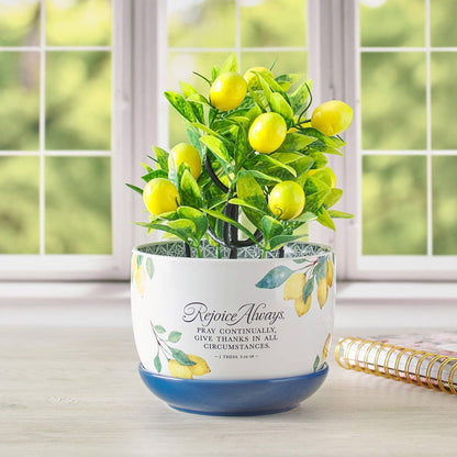 Rejoice Always 1 Thess. 5:16-18 Planter with Lemon Theme and Saucer