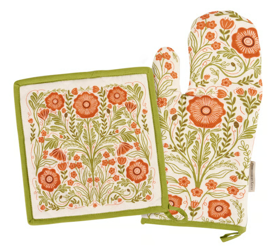 Kitchen Set Oven MItt and Pot Holder Poppy Folk Art