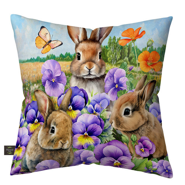 Spring Bunny Trio Burlap Indoor/Outdoor Pillow
