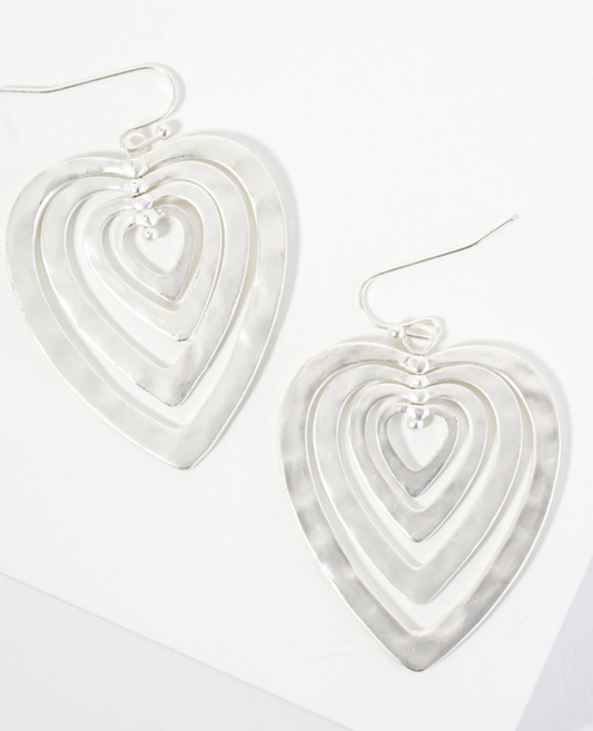 Hammered Metal Layered Heart Dangle Earrings
