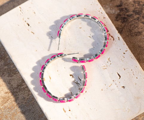 Hot Pink Nature Stone Bead Hoop Earrings