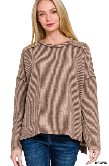 Ribbed Raw Edge Long Sleeve Top - Color Options