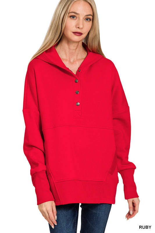 Fleece Half Snap Button Hooded Sweatshirt