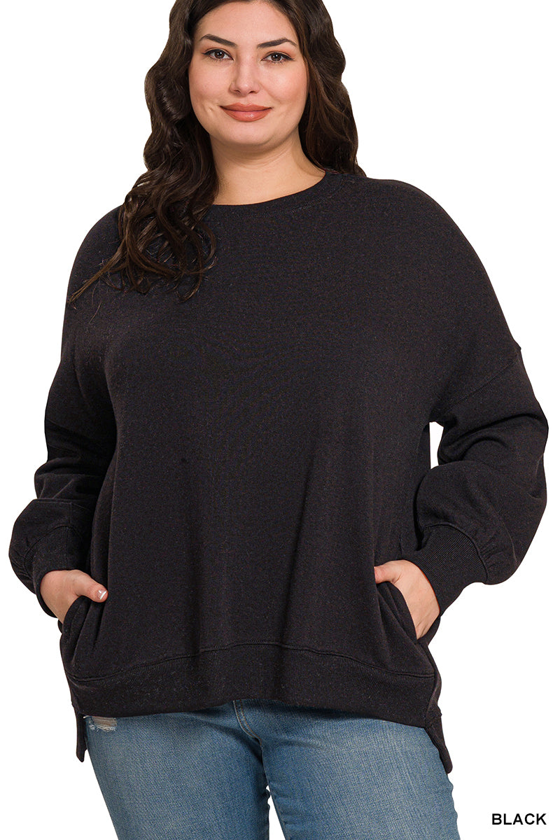 Fleece Hi-Low Hem Pullover Sweatshirt With Pockets