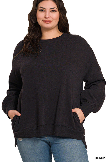 Fleece Hi-Low Hem Pullover Sweatshirt With Pockets