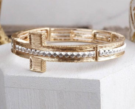 Golden Balance – Minimalist Sideways Cross Stretch Bangle Bracelet